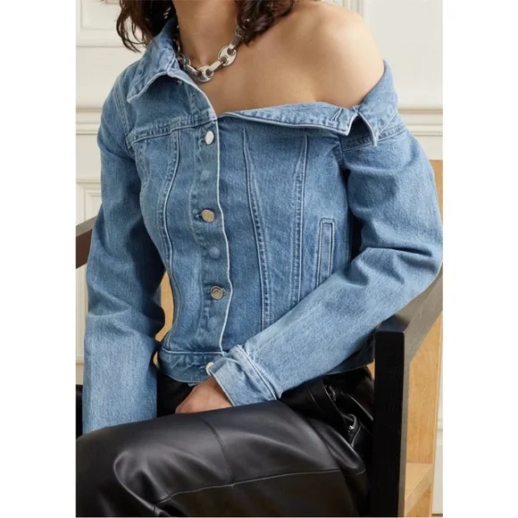 NEW RtA Rebecca One Shoulder Denim Jacket Natural Blue XS